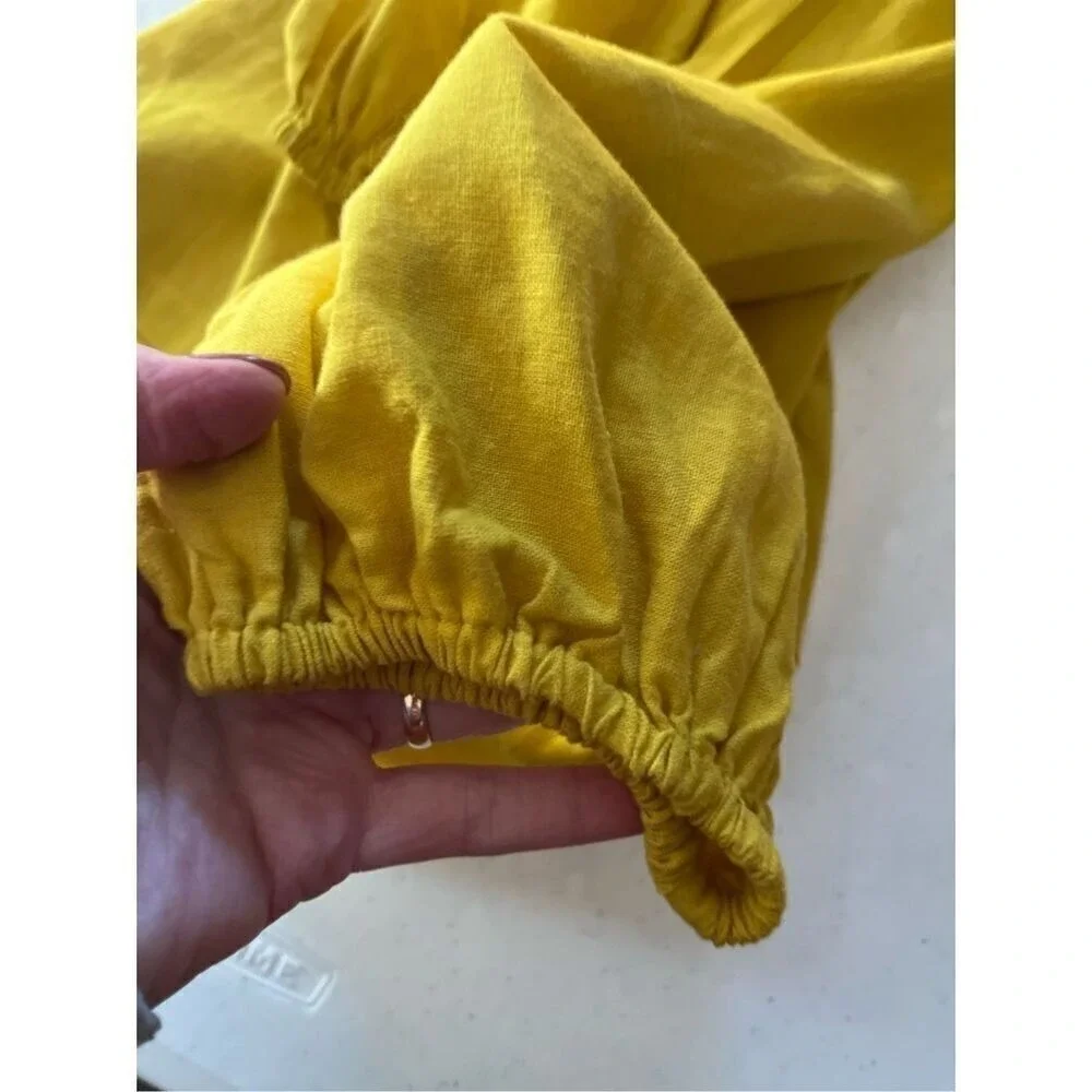 LOFT Mustard Yellow Linen Blend Balloon Sleeve Boat Neck V-Back Blouse‎ Small